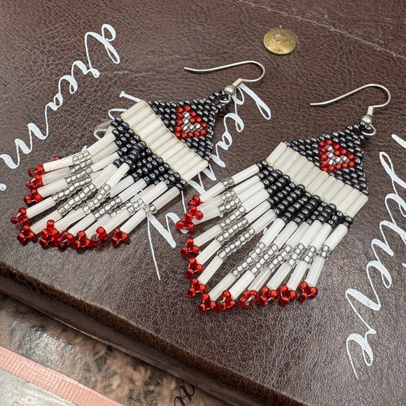 Vintage Handmade Beaded Fringe Earrings Red Black White Statement - Picture 1 of 5